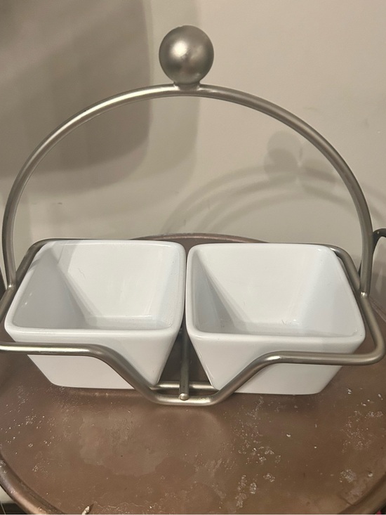 The Pampered Chef Other - The Pampered Chef White Ceramic Double Dip Bowl Set with Metal Stand